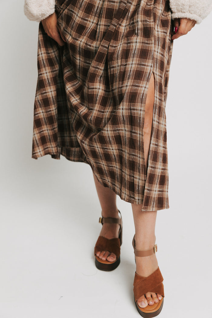 brown plaid pleated midi skirt