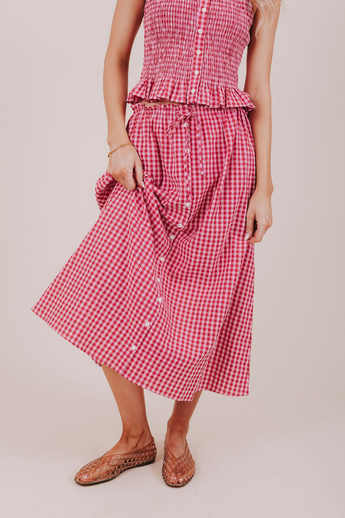 red pink button down gingham skirt front