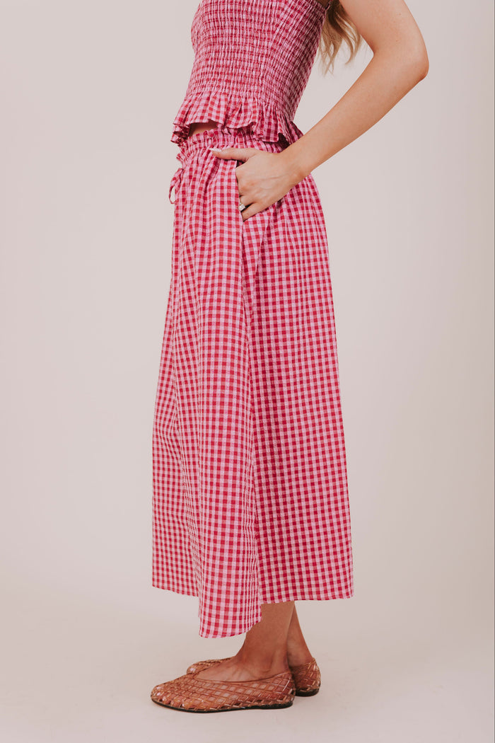 red pink button down gingham skirt side