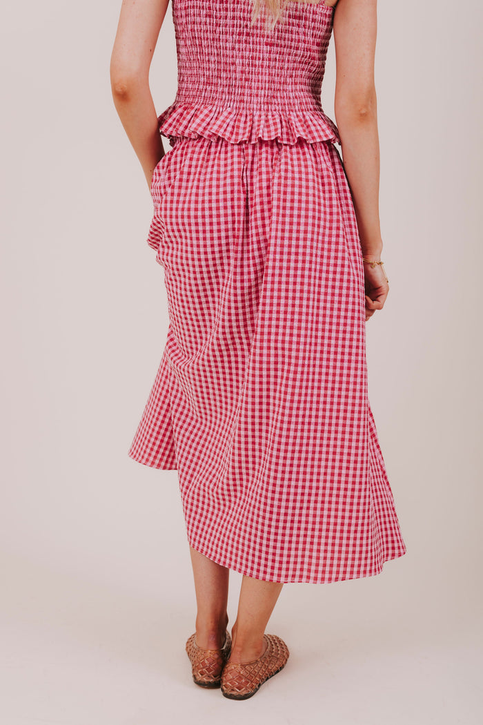 red pink button down gingham skirt back