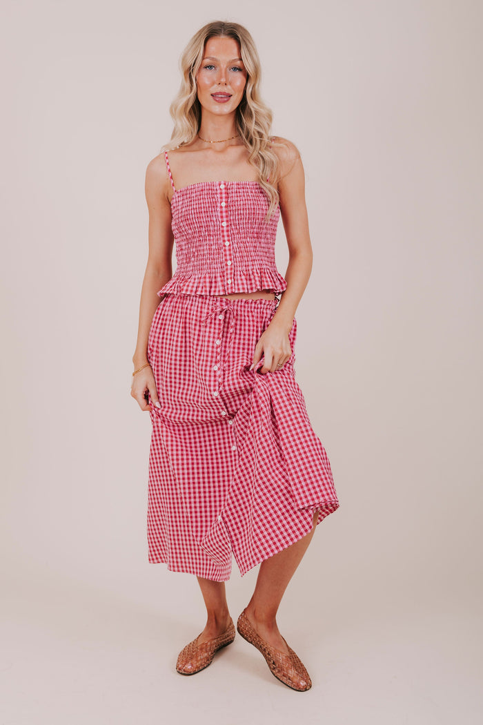 red pink button down gingham skirt full
