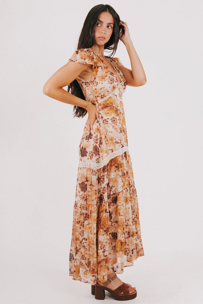 multi toned floral v neck maxi dress with lace detail side