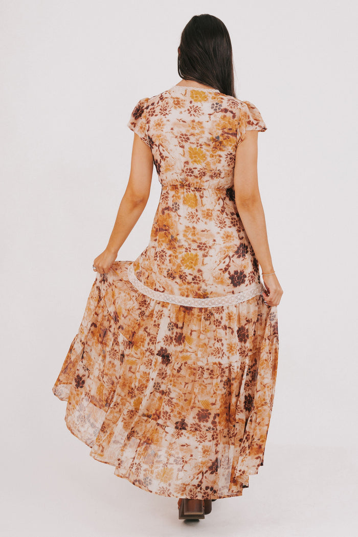 multi toned floral v neck maxi dress with lace detail back