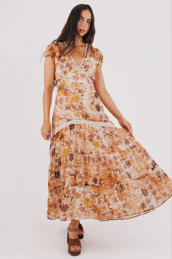 multi toned floral v neck maxi dress with lace detail