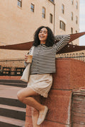 brown striped knit long sleeve lifestyle