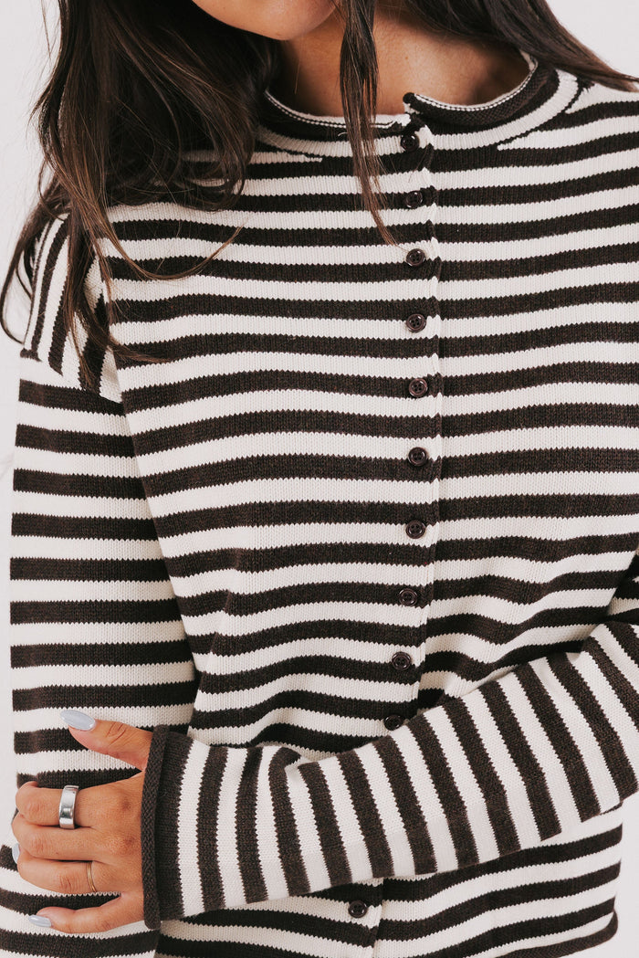 brown striped knit long sleeve top front