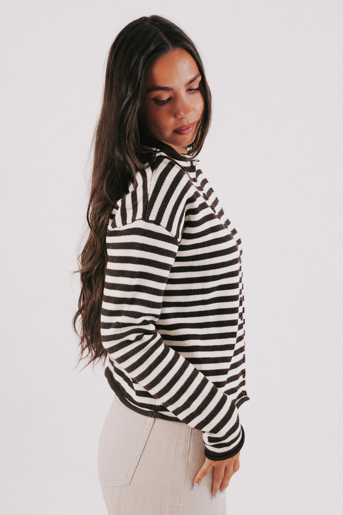 brown striped knit long sleeve top side