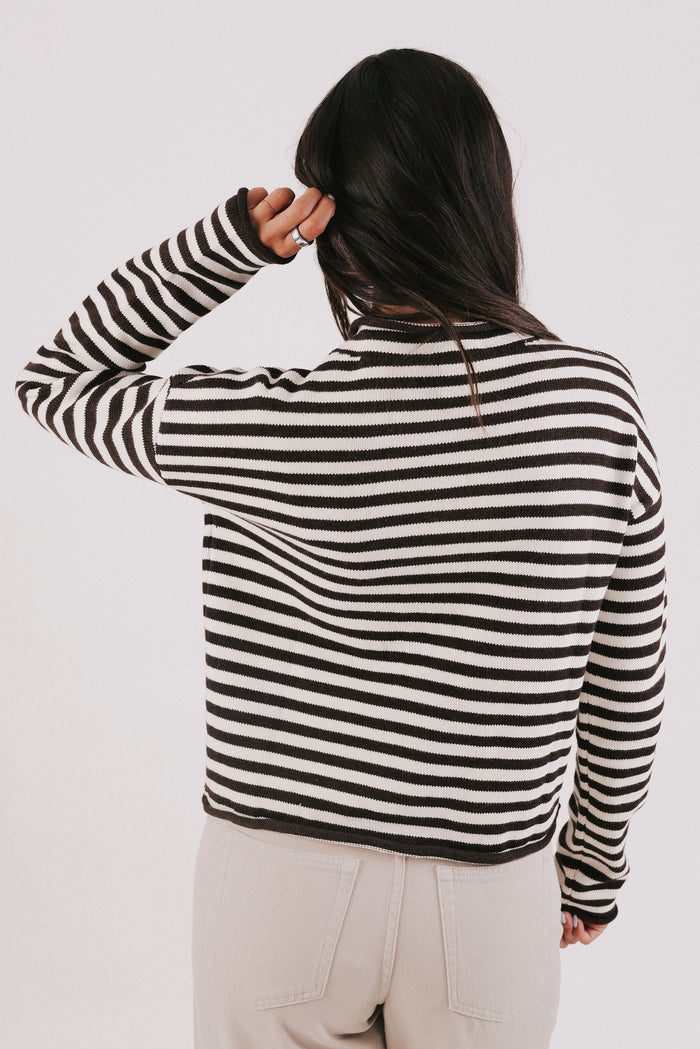 brown striped knit long sleeve top back