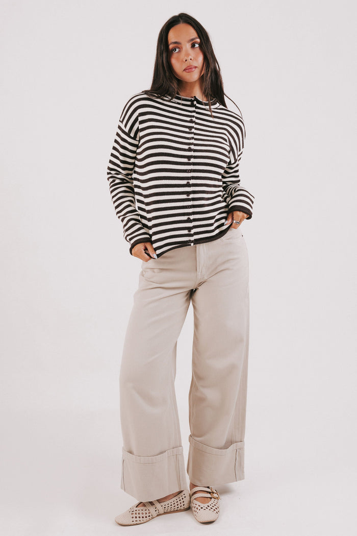 brown striped knit long sleeve top full