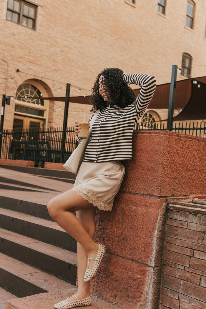 brown striped knit long sleeve top lifestyle 2