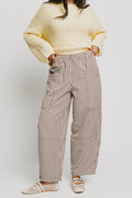 brown and white striped barrel pants with ruffled waistline