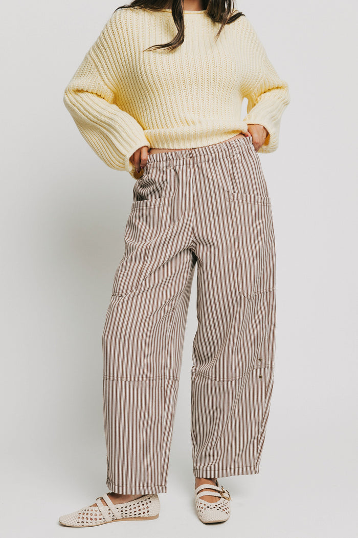 brown and white striped barrel pants with ruffled waistline