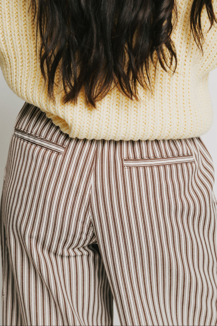brown and white striped barrel pants back pockets