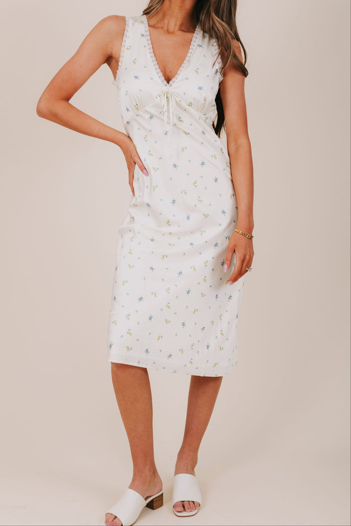 blue yellow ivory floral satin lace midi lace dress