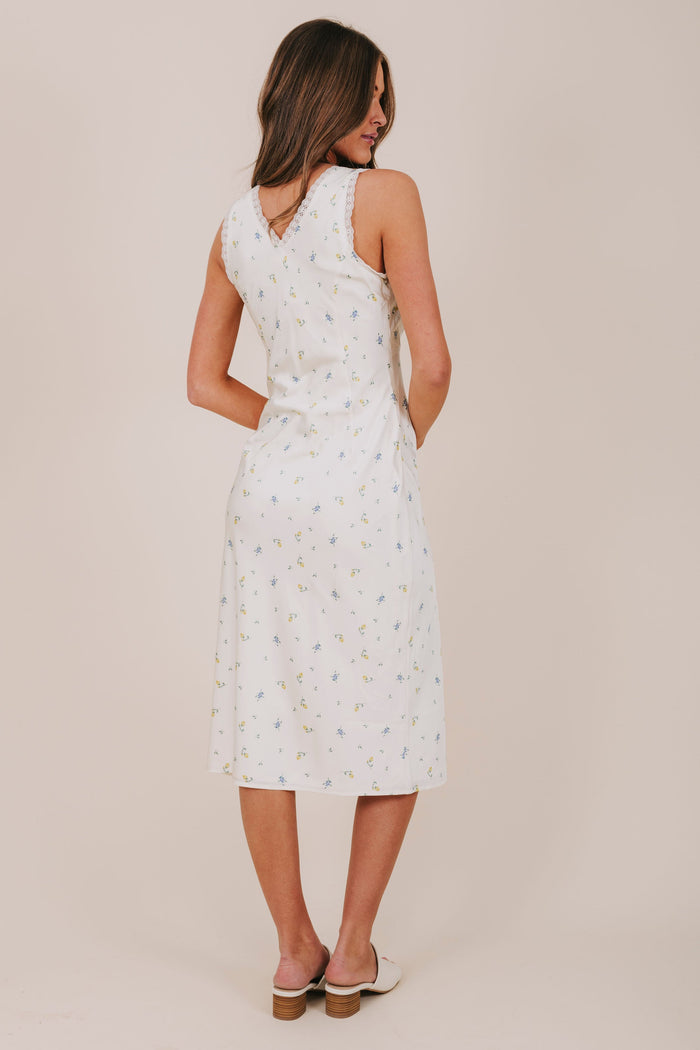 blue yellow ivory floral satin lace midi lace dress back