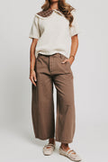 brown button fly barrel jeans