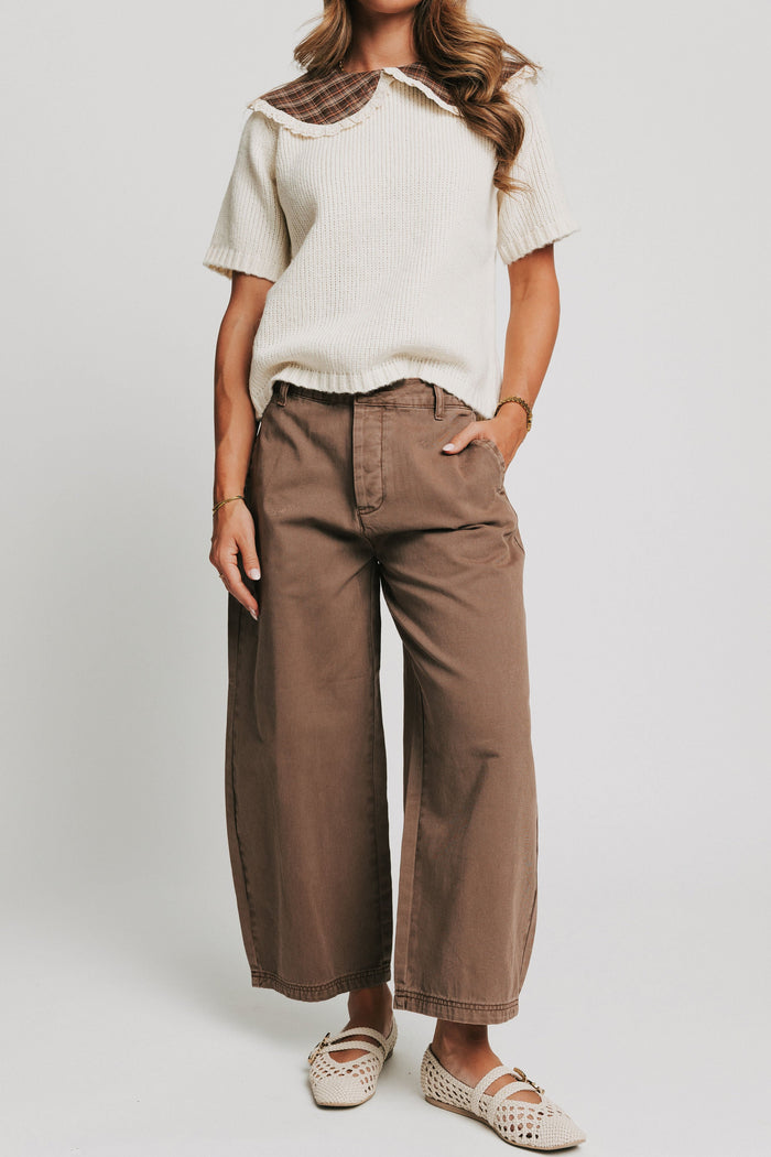 brown button fly barrel jeans