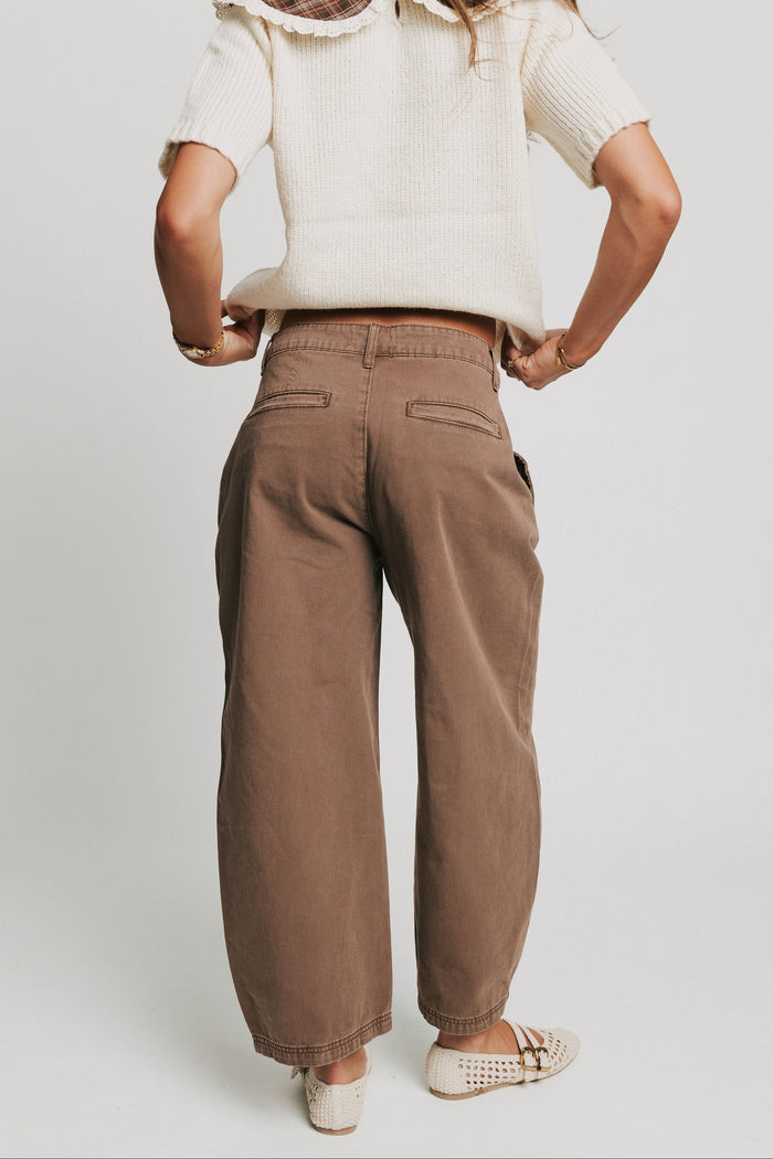 brown button fly barrel jeans back