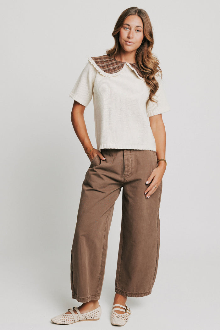 brown button fly barrel jeans full