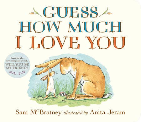 Book cover of 'Guess How Much I Love You' with a large rabbit and smaller rabbit illustration.