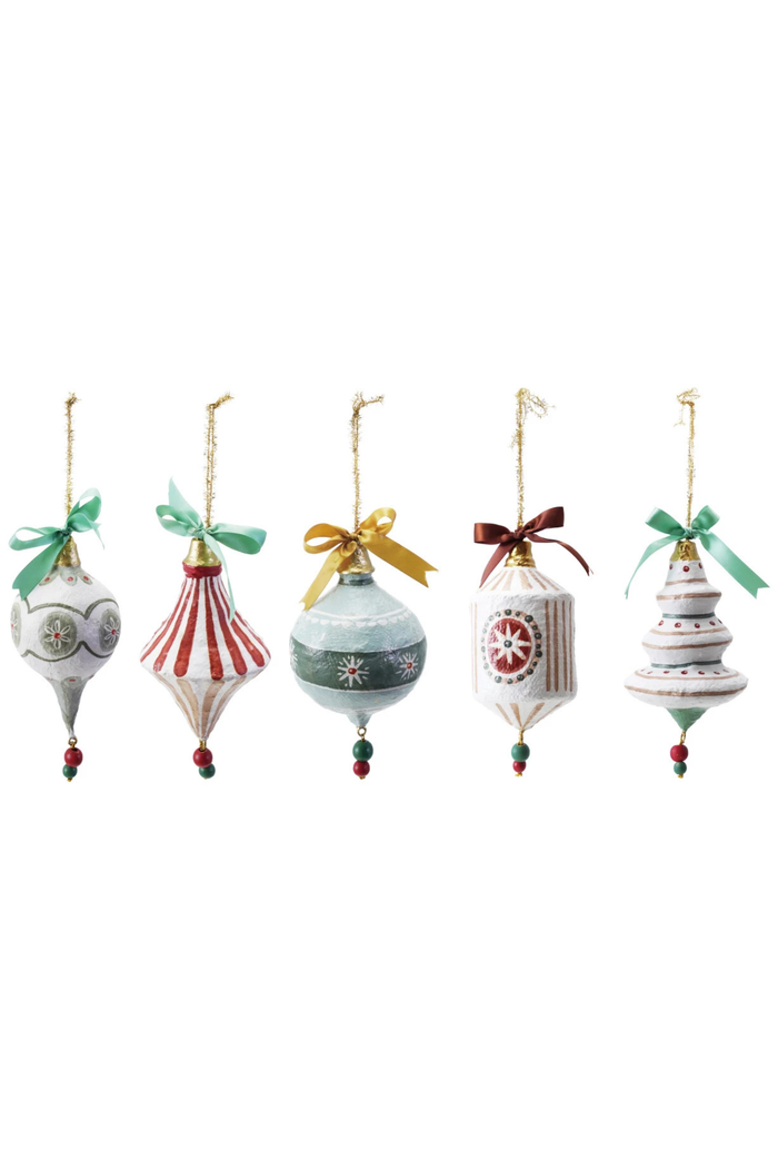 Set of five decorative Christmas tree ornaments
