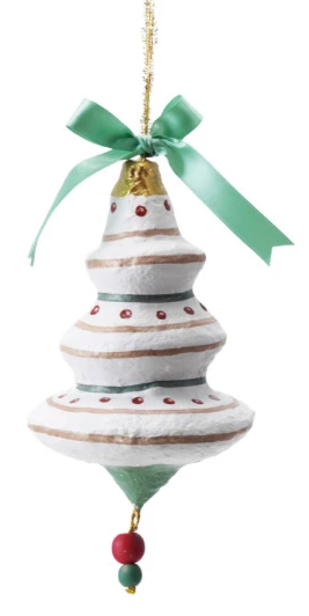 Decorative tree shaped Christmas ornament with a green ribbon