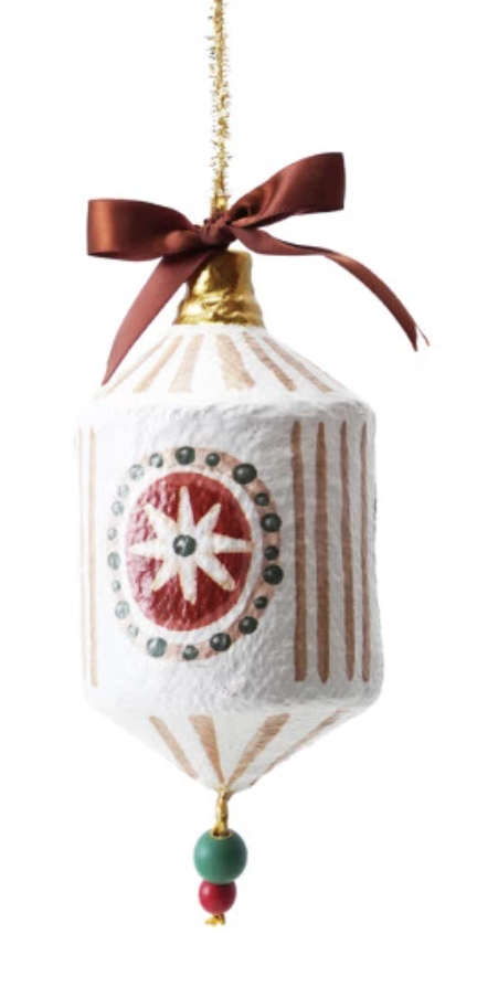 Decorative drum shaped Christmas ornament with a burgundy ribbon