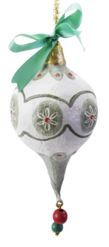 Decorative finial shaped Christmas ornament with a green ribbon