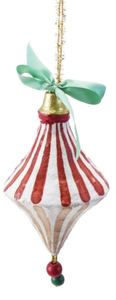 Decorative cone shaped Christmas ornament with red and white stripes, gold top, and green ribbon