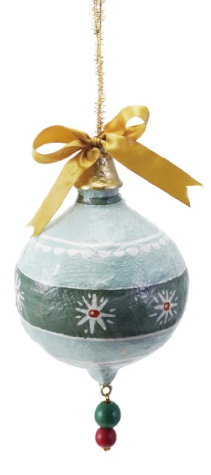 Decorative ball shaped ornament with a gold ribbon