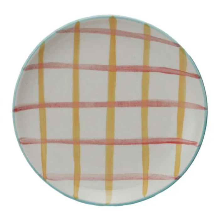 Round ceramic plate with plaid pattern
