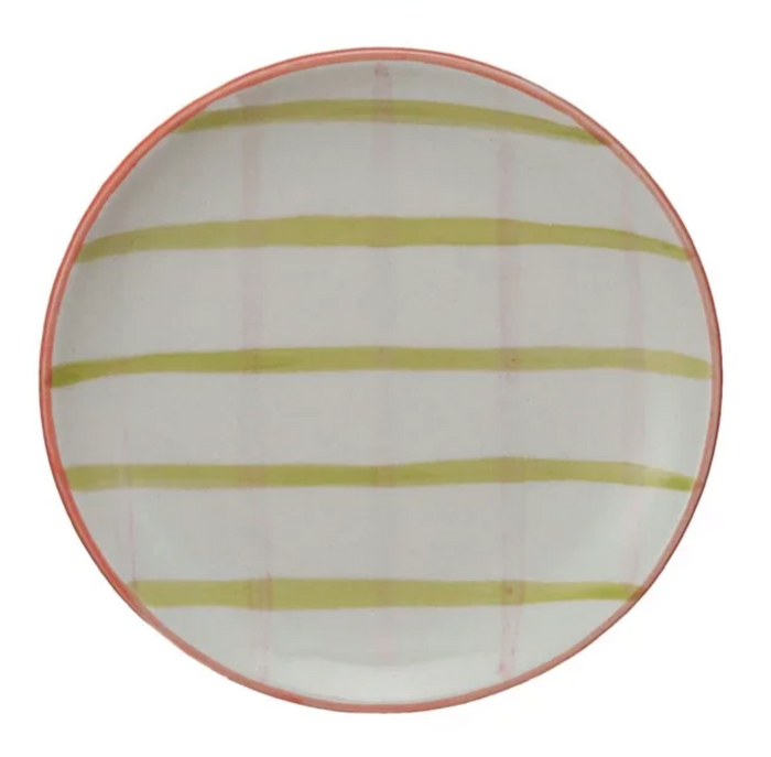 Round ceramic plate with green and pink stripes with a red orang rim
