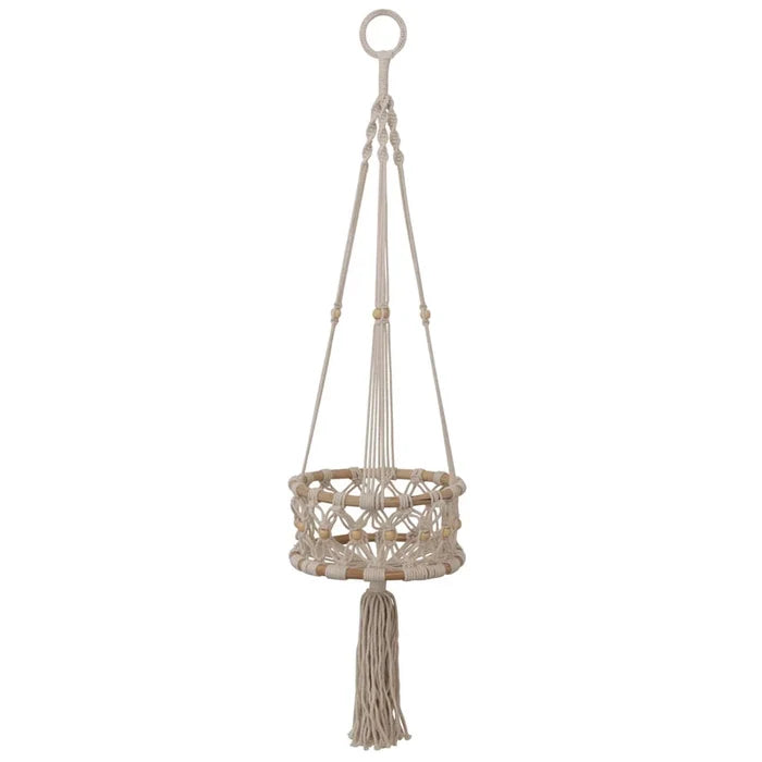 Hand-Woven Cotton Macrame & Rattan Plant Hanger With Wood Beads