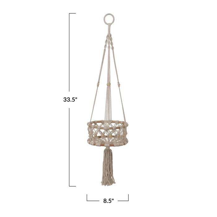 Hand-Woven Cotton Macrame & Rattan Plant Hanger With Wood Beads