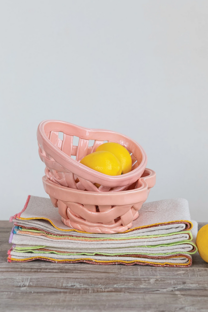 Handmade Stoneware Woven Heart Shaped Basket, Pink