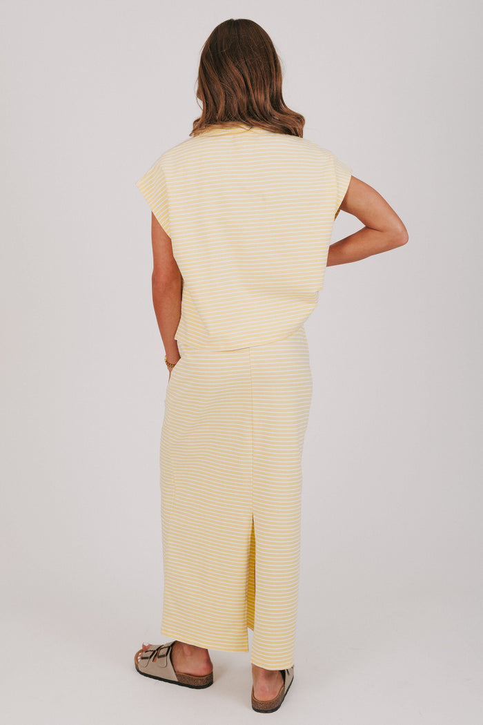 yellow and white striped maxi skirt set back