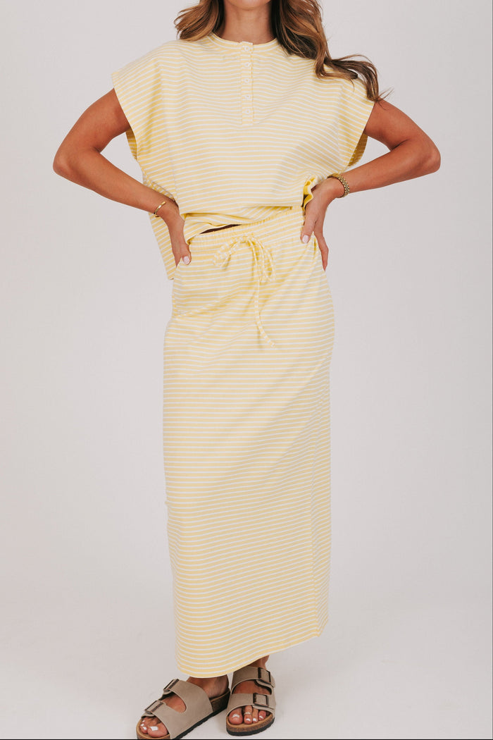 yellow and white striped maxi skirt set