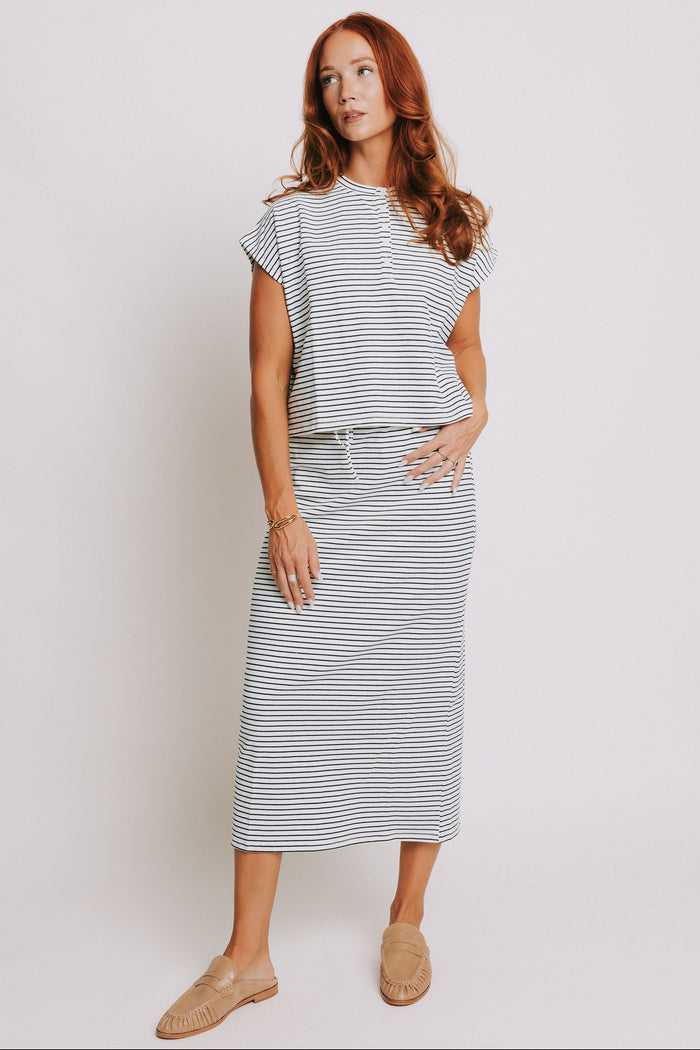 black and white striped maxi skirt set full