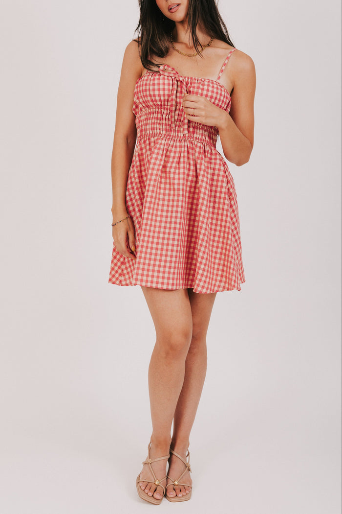 gingham mini dress with smocked bodice