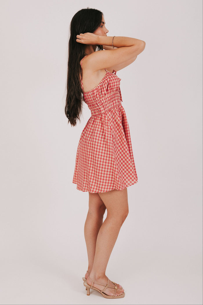 gingham mini dress with smocked bodice side