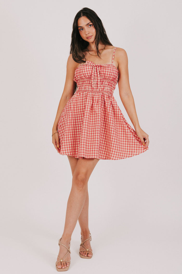 gingham mini dress with smocked bodice full