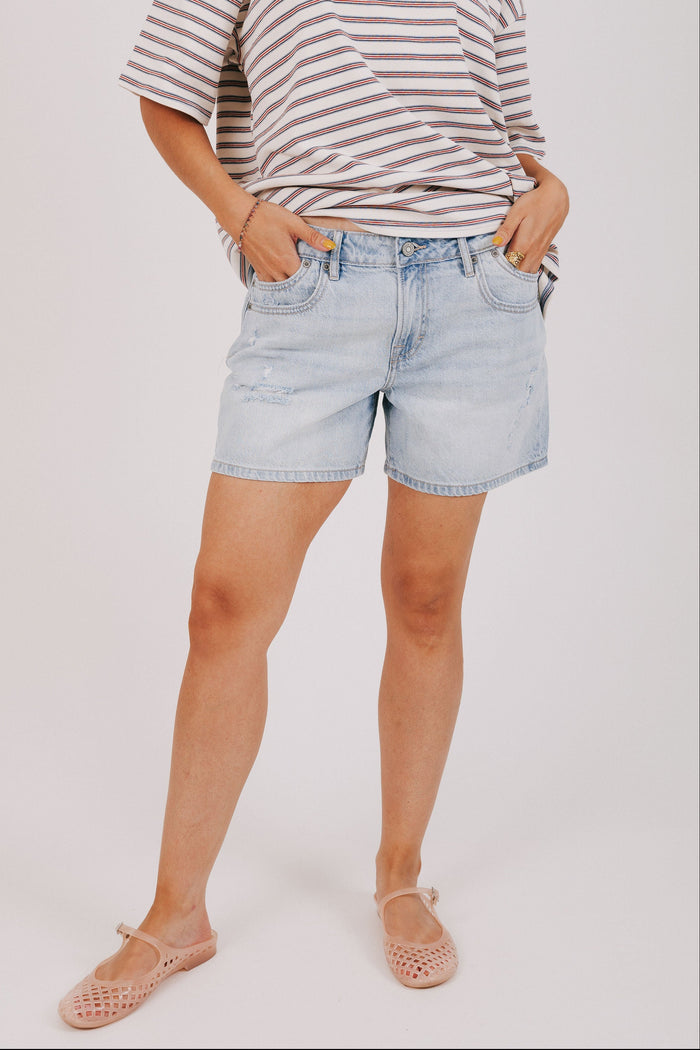 light wash distressed denim shorts