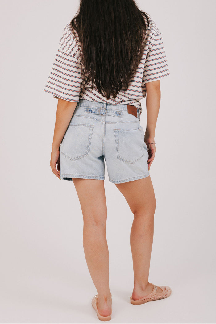 light wash distressed denim shorts back
