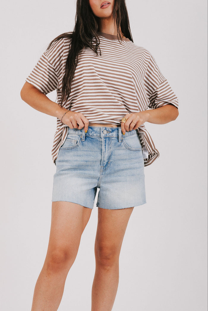 raw hem denim midi shorts