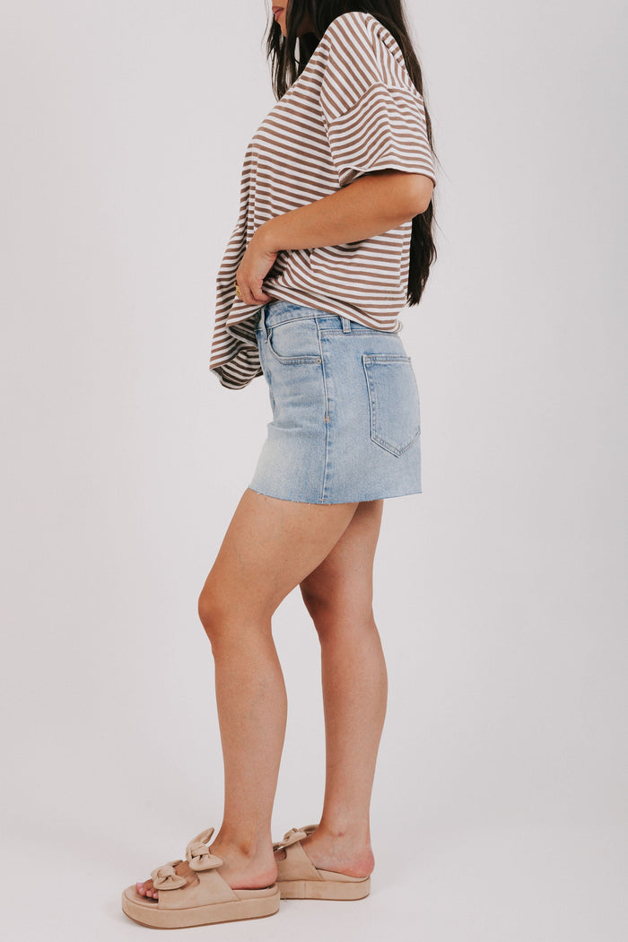 raw hem denim midi shorts side