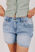 light wash midi denim shorts front