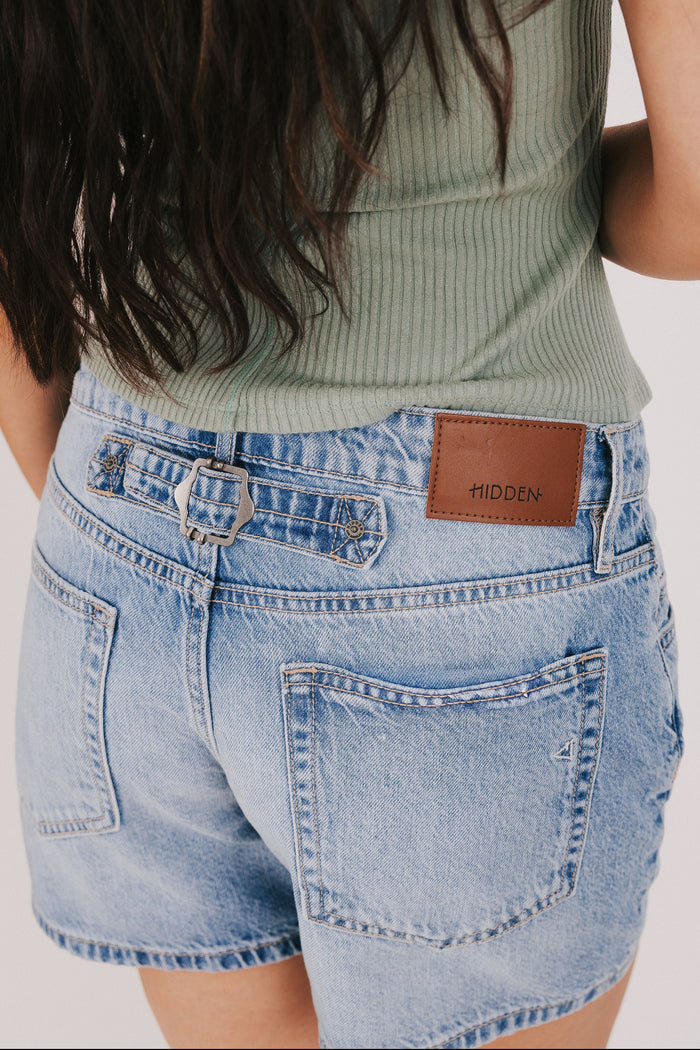light wash midi denim shorts back detail