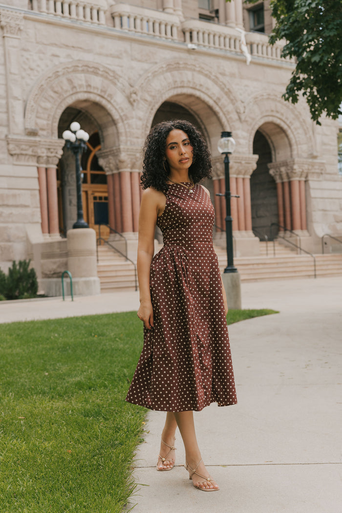 brown and cream polka dot fitted midi dress