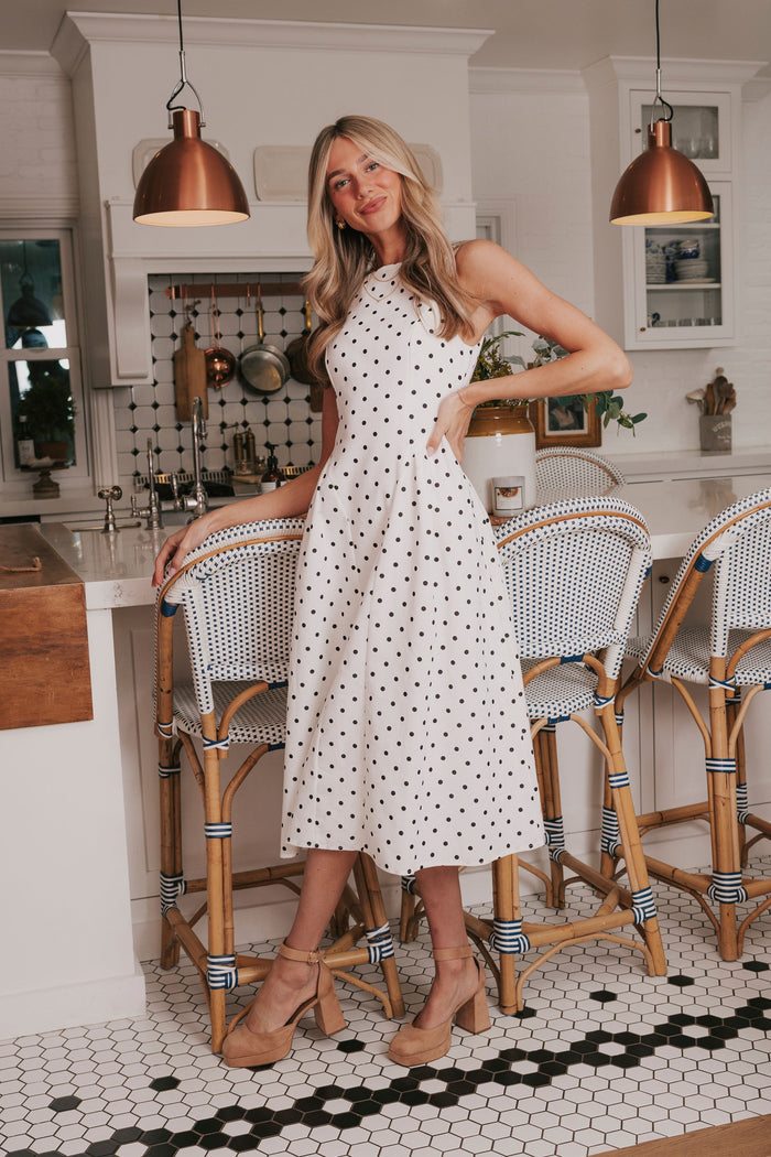black white polka dot sleeveless midi dress model 2