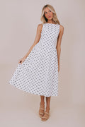 black white polka dot sleeveless midi dress full